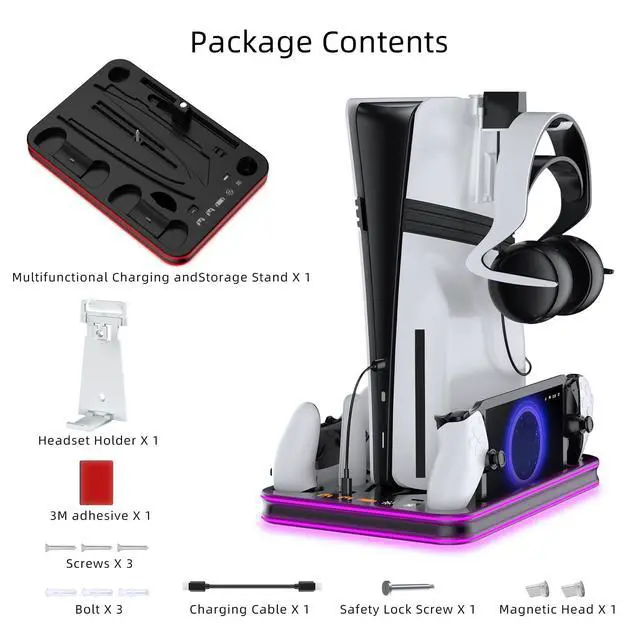 Alt view image 7 of 7 - PS5 Pro/Slim/PS5 Stand and Cooling Station with RGB Lighting,Charging Station for PlayStation Portal & P5 Controller, PS Portal Charger,Headset and Remote Holders (Black)