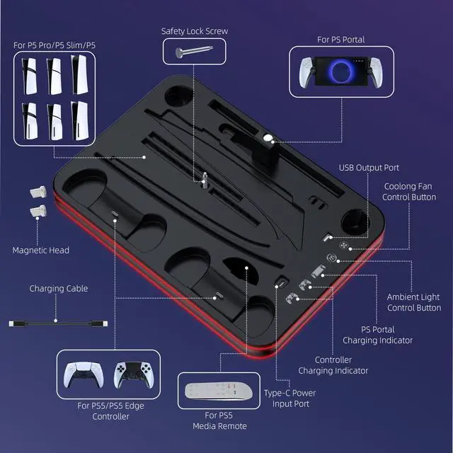 Alt view image 5 of 7 - PS5 Pro/Slim/PS5 Stand and Cooling Station with RGB Lighting,Charging Station for PlayStation Portal & P5 Controller, PS Portal Charger,Headset and Remote Holders (Black)