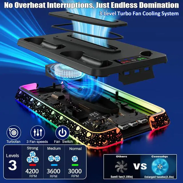 Alt view image 3 of 6 - PS5 Cooling Station for PlayStation 5 Console, PS5 Stand & Charging Station with RGB, PS5/Slim/Pro Controller Charger Incl. 3 Level Fan,Headset, PS5/Slim/Pro Accessories with 3 USB Ports