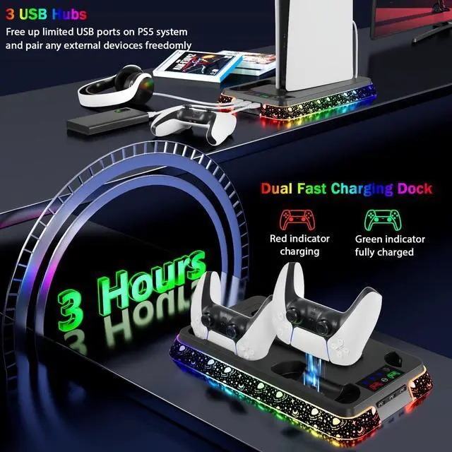Alt view image 4 of 6 - PS5 Cooling Station for PlayStation 5 Console, PS5 Stand & Charging Station with RGB, PS5/Slim/Pro Controller Charger Incl. 3 Level Fan,Headset, PS5/Slim/Pro Accessories with 3 USB Ports