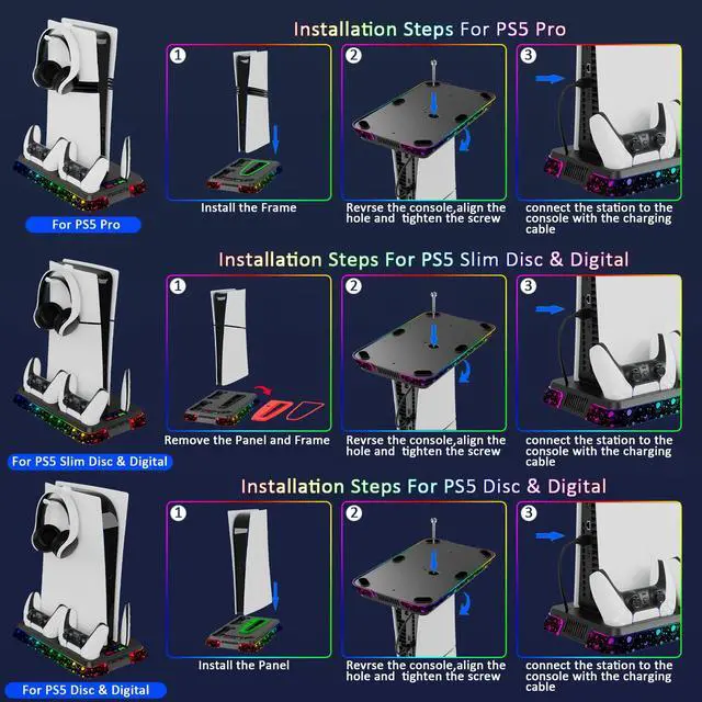 Alt view image 6 of 6 - PS5 Cooling Station for PlayStation 5 Console, PS5 Stand & Charging Station with RGB, PS5/Slim/Pro Controller Charger Incl. 3 Level Fan,Headset, PS5/Slim/Pro Accessories with 3 USB Ports