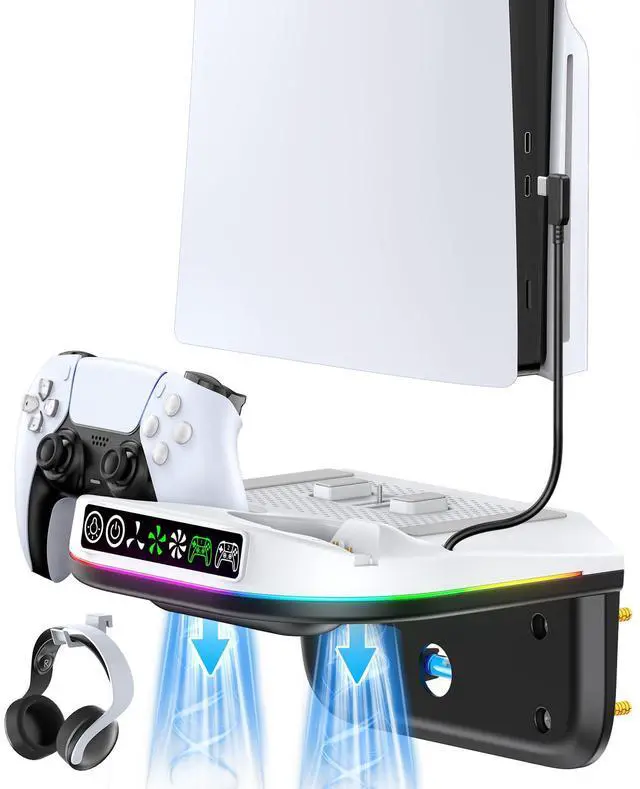 Main image of PS5 Wall Mount Kit with Cooling Fan and Charging Station Compatible with PS5/ Slim/Pro Disc and Digital, PS Five Floating Shelf with 9 RGB Lights, PS 5 Mount Behind TV, Sony PSP Cables
