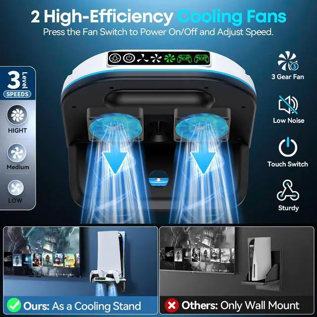 Alt view image 2 of 7 - PS5 Wall Mount Kit with Cooling Fan and Charging Station Compatible with PS5/ Slim/Pro Disc and Digital, PS Five Floating Shelf with 9 RGB Lights, PS 5 Mount Behind TV, Sony PSP Cables