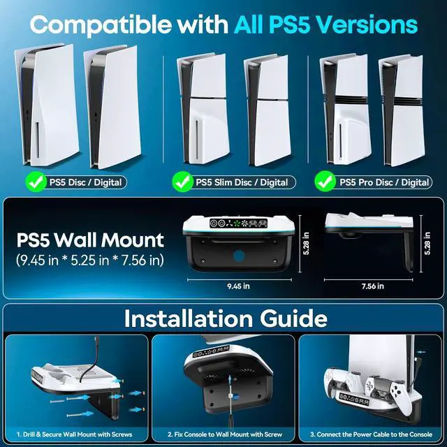 Alt view image 3 of 7 - PS5 Wall Mount Kit with Cooling Fan and Charging Station Compatible with PS5/ Slim/Pro Disc and Digital, PS Five Floating Shelf with 9 RGB Lights, PS 5 Mount Behind TV, Sony PSP Cables