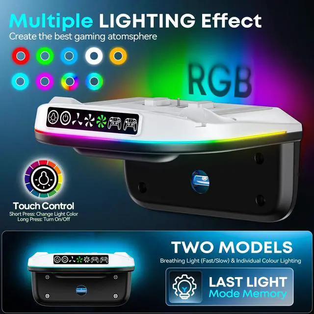 Alt view image 5 of 7 - PS5 Wall Mount Kit with Cooling Fan and Charging Station Compatible with PS5/ Slim/Pro Disc and Digital, PS Five Floating Shelf with 9 RGB Lights, PS 5 Mount Behind TV, Sony PSP Cables