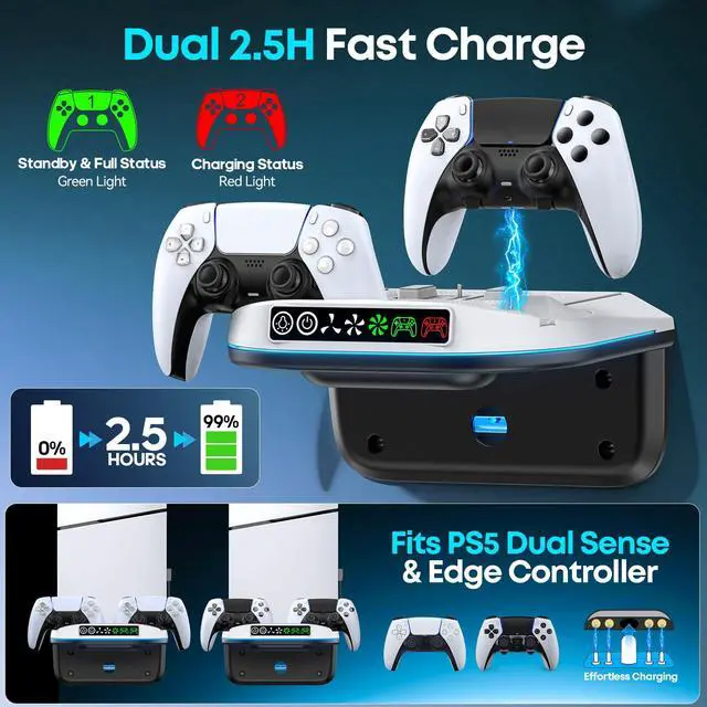 Alt view image 4 of 7 - PS5 Wall Mount Kit with Cooling Fan and Charging Station Compatible with PS5/ Slim/Pro Disc and Digital, PS Five Floating Shelf with 9 RGB Lights, PS 5 Mount Behind TV, Sony PSP Cables