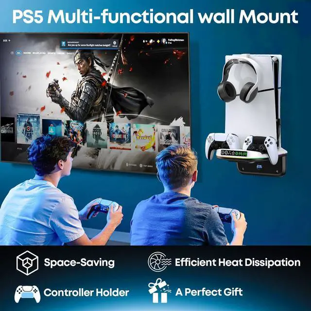 Alt view image 7 of 7 - PS5 Wall Mount Kit with Cooling Fan and Charging Station Compatible with PS5/ Slim/Pro Disc and Digital, PS Five Floating Shelf with 9 RGB Lights, PS 5 Mount Behind TV, Sony PSP Cables