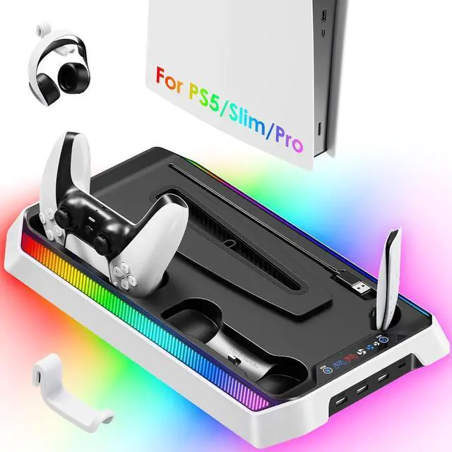 Main image of PS5 Cooling Station for PS5/Slim/Pro Disc Digital Console, PS5 Stand Cooling Fan Station with RGB Lights & 3 Level Fan, PS5-Controller Charger, PS5-Accessories with 3 USB Ports, Headset Holder