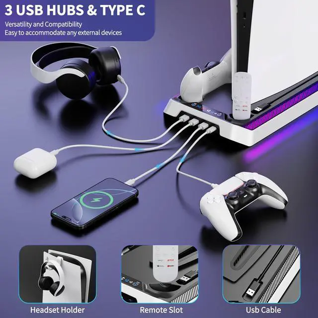 Alt view image 5 of 7 - PS5 Cooling Station for PS5/Slim/Pro Disc Digital Console, PS5 Stand Cooling Fan Station with RGB Lights & 3 Level Fan, PS5-Controller Charger, PS5-Accessories with 3 USB Ports, Headset Holder