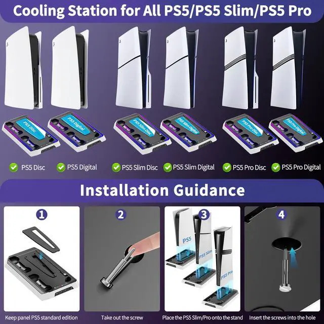 Alt view image 6 of 7 - PS5 Cooling Station for PS5/Slim/Pro Disc Digital Console, PS5 Stand Cooling Fan Station with RGB Lights & 3 Level Fan, PS5-Controller Charger, PS5-Accessories with 3 USB Ports, Headset Holder