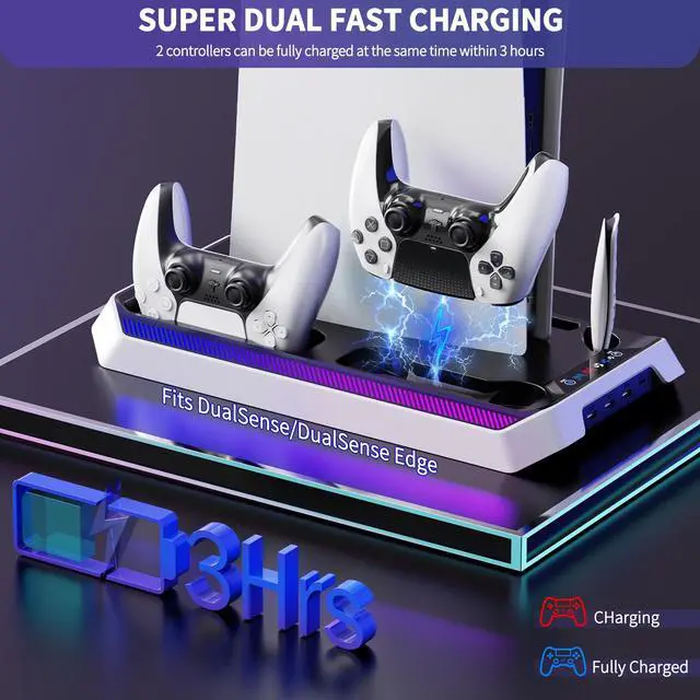Alt view image 4 of 7 - PS5 Cooling Station for PS5/Slim/Pro Disc Digital Console, PS5 Stand Cooling Fan Station with RGB Lights & 3 Level Fan, PS5-Controller Charger, PS5-Accessories with 3 USB Ports, Headset Holder
