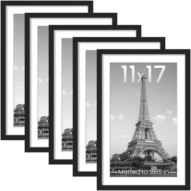 Main image of 11x17 Picture Frame Set of 5, Display Pictures 9x15 with Mat or 11 x 17 Without, Wall Gallery Poster Frames, Black