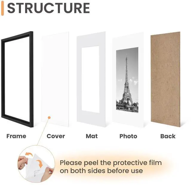 Alt view image 3 of 7 - 11x17 Picture Frame Set of 5, Display Pictures 9x15 with Mat or 11 x 17 Without, Wall Gallery Poster Frames, Black