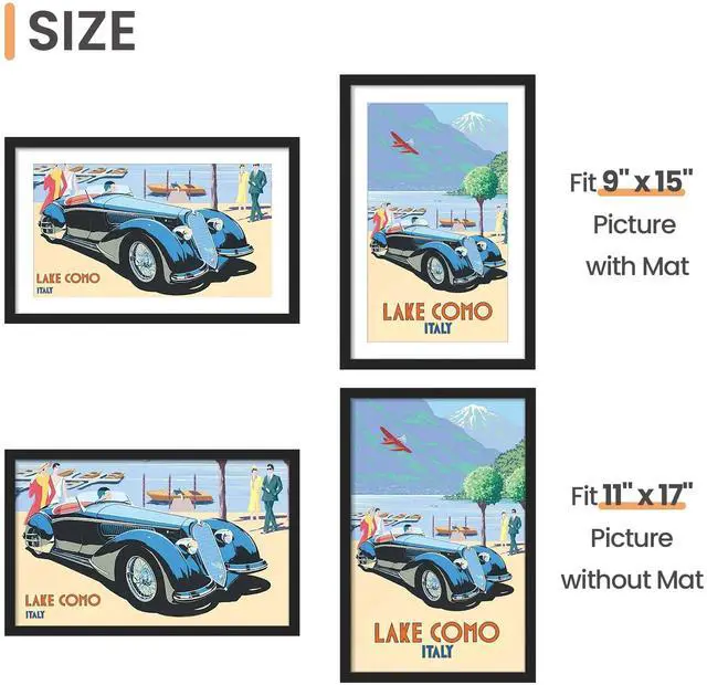 Alt view image 5 of 7 - 11x17 Picture Frame Set of 5, Display Pictures 9x15 with Mat or 11 x 17 Without, Wall Gallery Poster Frames, Black