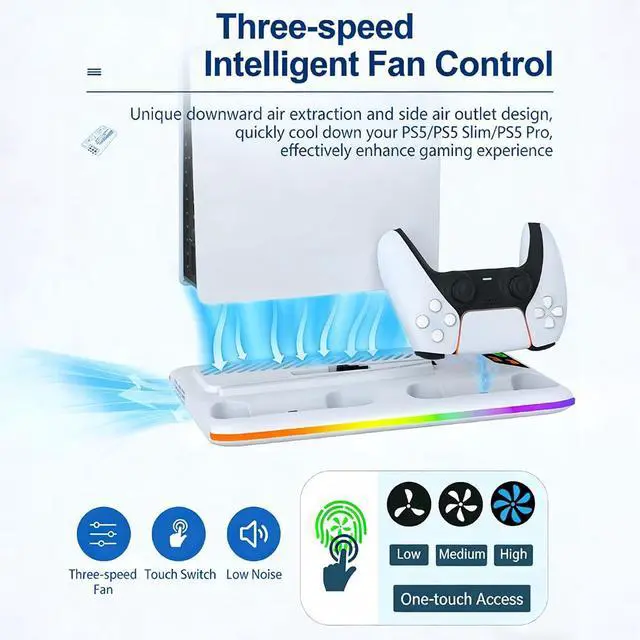 Alt view image 2 of 7 - Stand for PS5/Slim/Pro, PS5 Charger with 3USB & 1Type-C Ports, Vertical Cooling Fans and Dual Controller Charging Station, LED Light Stand for PS5/Slim/Pro Console