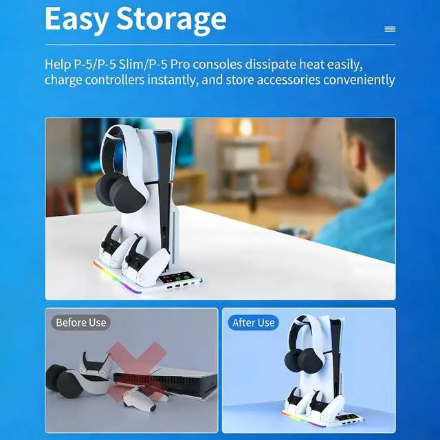 Alt view image 4 of 7 - Stand for PS5/Slim/Pro, PS5 Charger with 3USB & 1Type-C Ports, Vertical Cooling Fans and Dual Controller Charging Station, LED Light Stand for PS5/Slim/Pro Console