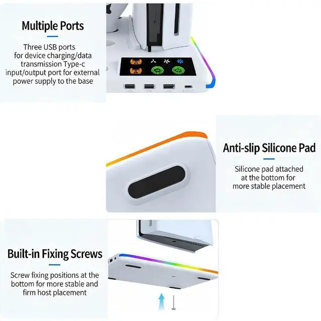 Alt view image 6 of 7 - Stand for PS5/Slim/Pro, PS5 Charger with 3USB & 1Type-C Ports, Vertical Cooling Fans and Dual Controller Charging Station, LED Light Stand for PS5/Slim/Pro Console