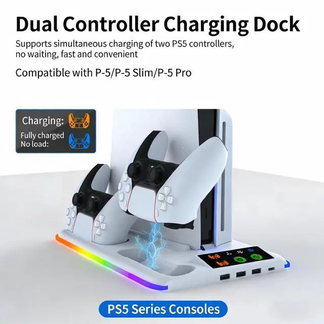 Alt view image 7 of 7 - Stand for PS5/Slim/Pro, PS5 Charger with 3USB & 1Type-C Ports, Vertical Cooling Fans and Dual Controller Charging Station, LED Light Stand for PS5/Slim/Pro Console