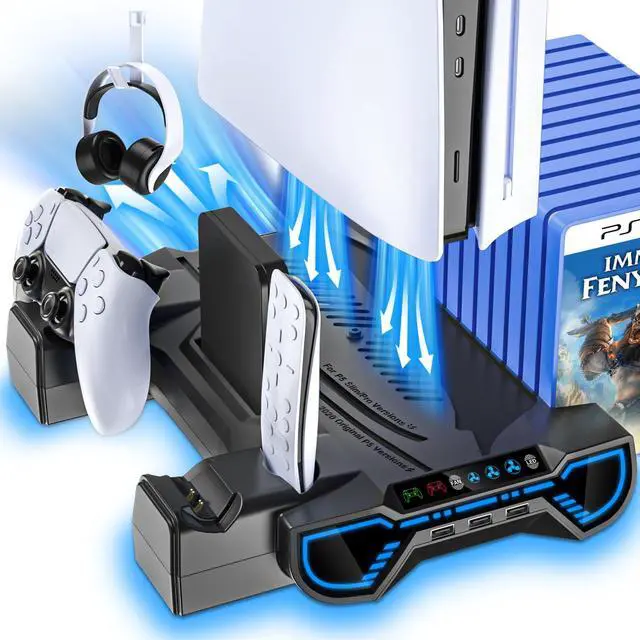 Main image of PS5/Slim/Pro Cooling Station with Controller Charging Station for Playstation 5 Console - LED PS5 Stand with Controller Charger, Cooling Stand Accessory Kit-Turbo Fan/Headset Holder/3 USB Hub, Black