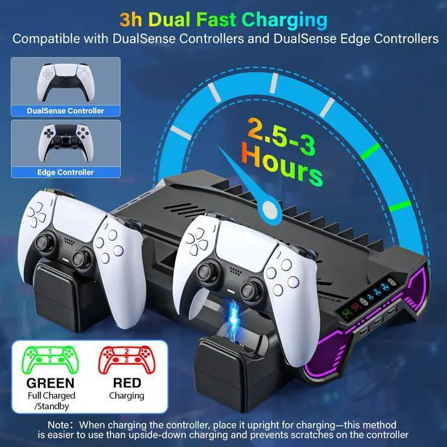 Alt view image 3 of 7 - PS5/Slim/Pro Cooling Station with Controller Charging Station for Playstation 5 Console - LED PS5 Stand with Controller Charger, Cooling Stand Accessory Kit-Turbo Fan/Headset Holder/3 USB Hub, Black
