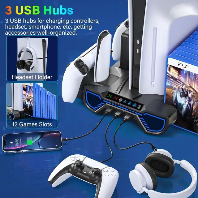 Alt view image 4 of 7 - PS5/Slim/Pro Cooling Station with Controller Charging Station for Playstation 5 Console - LED PS5 Stand with Controller Charger, Cooling Stand Accessory Kit-Turbo Fan/Headset Holder/3 USB Hub, Black