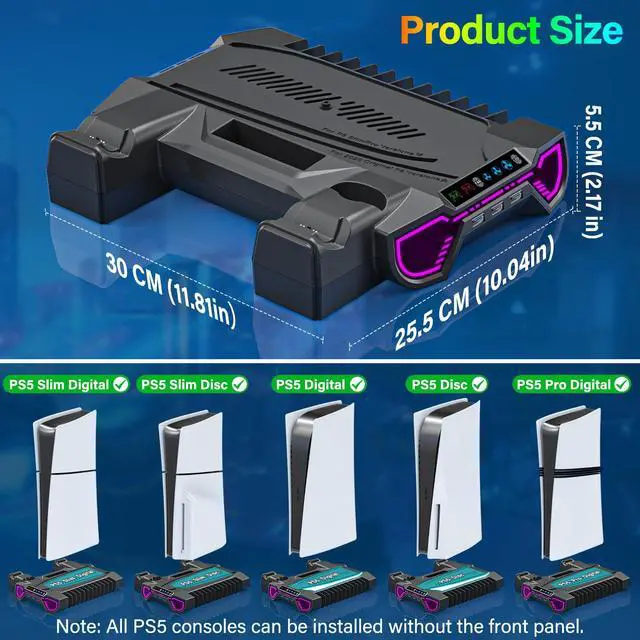 Alt view image 5 of 7 - PS5/Slim/Pro Cooling Station with Controller Charging Station for Playstation 5 Console - LED PS5 Stand with Controller Charger, Cooling Stand Accessory Kit-Turbo Fan/Headset Holder/3 USB Hub, Black