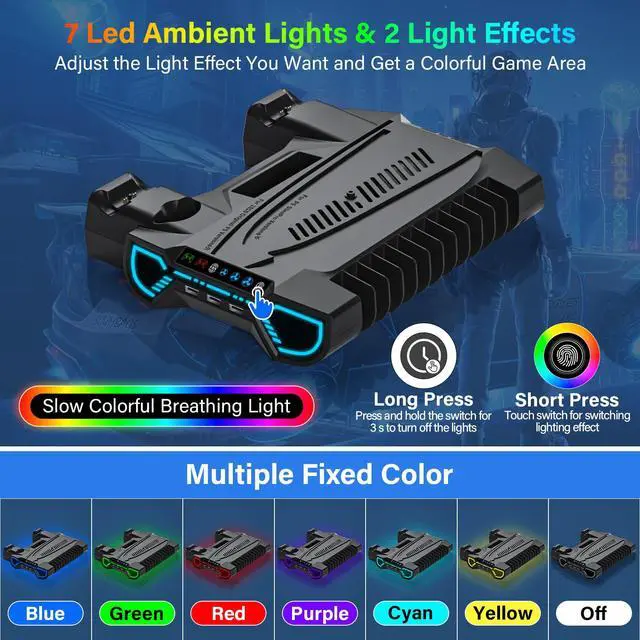 Alt view image 6 of 7 - PS5/Slim/Pro Cooling Station with Controller Charging Station for Playstation 5 Console - LED PS5 Stand with Controller Charger, Cooling Stand Accessory Kit-Turbo Fan/Headset Holder/3 USB Hub, Black