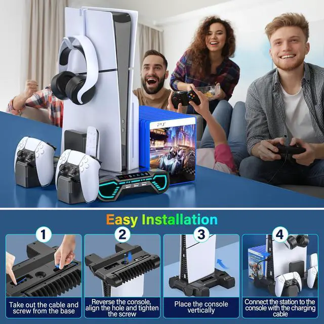 Alt view image 7 of 7 - PS5/Slim/Pro Cooling Station with Controller Charging Station for Playstation 5 Console - LED PS5 Stand with Controller Charger, Cooling Stand Accessory Kit-Turbo Fan/Headset Holder/3 USB Hub, Black