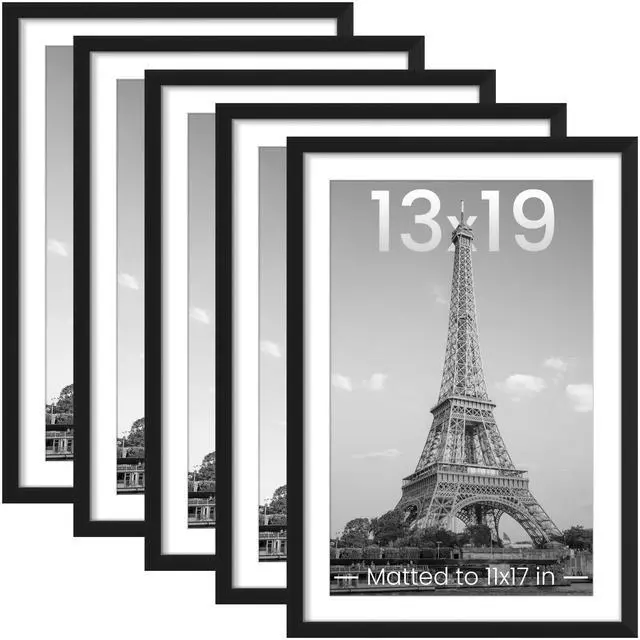 Main image of 13x19 Picture Frame Set of 5, Display Pictures 11x17 with Mat or 13 x 19 Without, Wall Gallery Poster Frames, Black