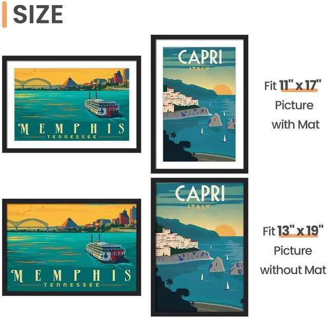 Alt view image 5 of 7 - 13x19 Picture Frame Set of 5, Display Pictures 11x17 with Mat or 13 x 19 Without, Wall Gallery Poster Frames, Black