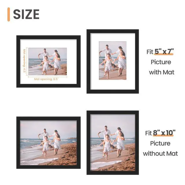 Alt view image 3 of 6 - 8x10 Picture Frame, Display Pictures 5x7 with Mat or 8x10 Without Mat, Wall Hanging Photo Frame, Black, 1 Pack