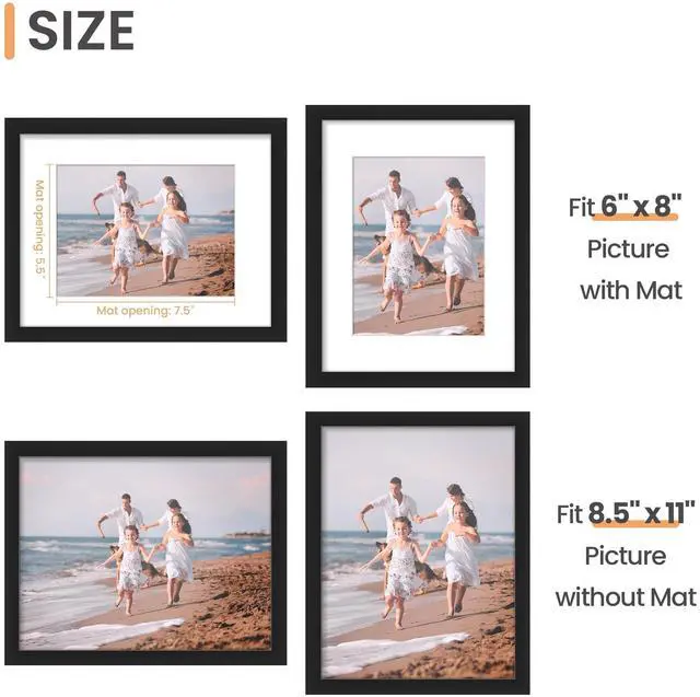 Alt view image 3 of 5 - 8.5 By 11 Picture Frame, Display Pictures 6x8 with Mat or 8.5 x 11 Without, Wall Hanging Photo Frames, Black, 1 Pack