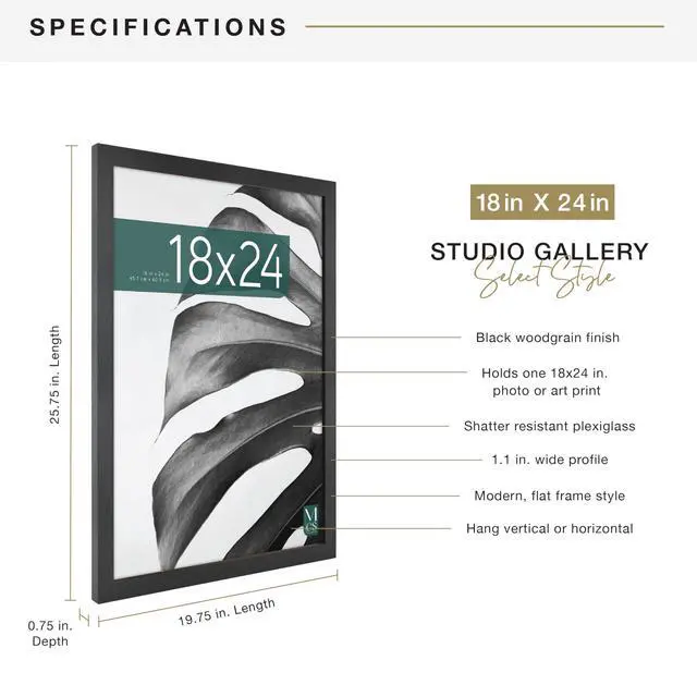 Alt view image 4 of 7 - Studio Gallery 18x24 Poster Frame Black Woodgrain Engineered Wood, Vertical & Horizontal Wall Hanging Large Picture Frame for Photos, Posters & Art Prints (1-Pack)