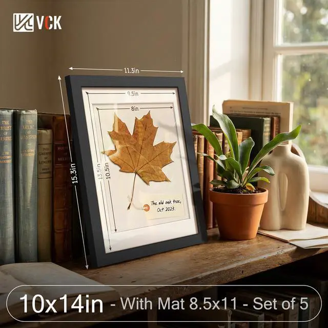 Alt view image 2 of 7 - 10x14 Picture Frame Black - 5 Pack, with Tempered Glass, Displays 8.5x11 Photo with Mat or 10 x 14 Without, for Horizontal/Vertical Wall Hanging in Home, Office, or Gallery