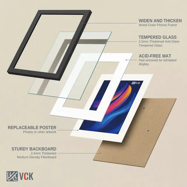 Alt view image 4 of 7 - 10x14 Picture Frame Black - 5 Pack, with Tempered Glass, Displays 8.5x11 Photo with Mat or 10 x 14 Without, for Horizontal/Vertical Wall Hanging in Home, Office, or Gallery