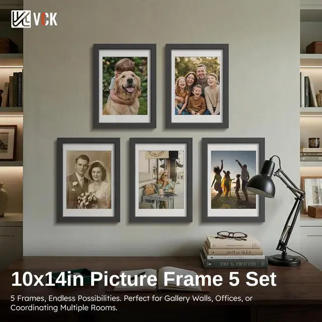 Alt view image 7 of 7 - 10x14 Picture Frame Black - 5 Pack, with Tempered Glass, Displays 8.5x11 Photo with Mat or 10 x 14 Without, for Horizontal/Vertical Wall Hanging in Home, Office, or Gallery