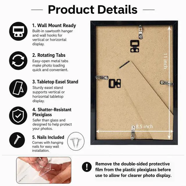 Alt view image 4 of 7 - 8.5x11 inch Picture Frame Black for Certificate Poster and Photo, Horizontal and Vertical Formats for Wall Hanging or Tabletop, 8.5x11 Frame with Shatter Resistant Plexiglass, Black