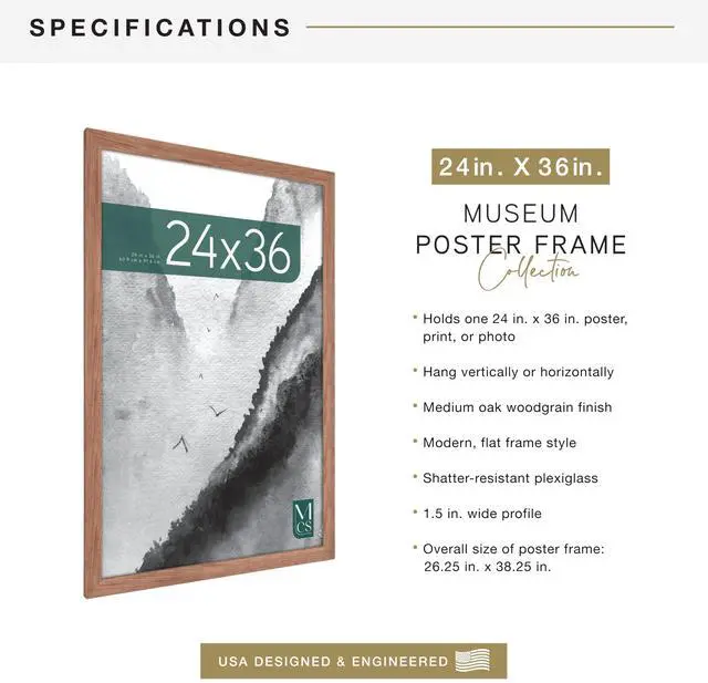 Alt view image 4 of 7 - Museum Poster Frame 24x36 Medium Oak, Vertical & Horizontal Wall Hanging Large Picture Frame for Photos, Posters & Art Prints (1-Pack)