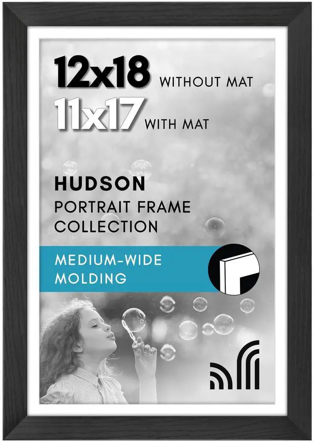 Main image of 12x18 Poster Frame - Black Engineered Wood with Shatter-Resistant Glass - Matted to 11x17 Photo Size - Hudson Collection - Wide Picture Frame for Wall Display - Black