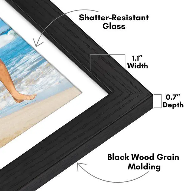 Alt view image 3 of 7 - 12x18 Poster Frame - Black Engineered Wood with Shatter-Resistant Glass - Matted to 11x17 Photo Size - Hudson Collection - Wide Picture Frame for Wall Display - Black