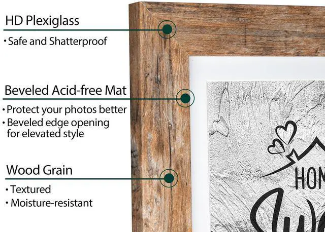 Alt view image 4 of 7 - 5x7 Picture Frame - Can Display Photo 4x6 with Mat, Wood Frame with Shatterproof Plexiglass, Wall & Tabletop Display, Rustic Brown