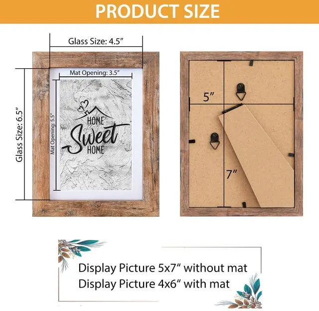 Alt view image 5 of 7 - 5x7 Picture Frame - Can Display Photo 4x6 with Mat, Wood Frame with Shatterproof Plexiglass, Wall & Tabletop Display, Rustic Brown
