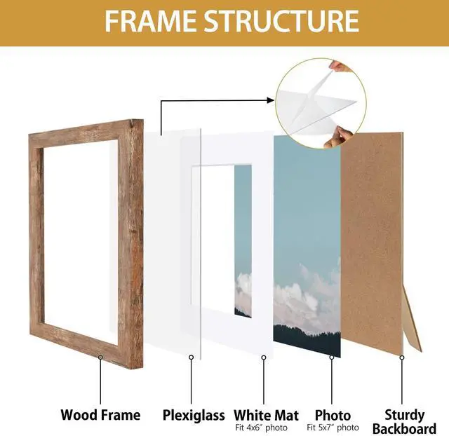 Alt view image 7 of 7 - 5x7 Picture Frame - Can Display Photo 4x6 with Mat, Wood Frame with Shatterproof Plexiglass, Wall & Tabletop Display, Rustic Brown