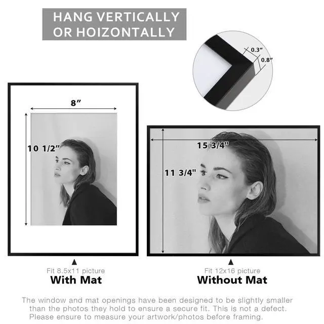Alt view image 6 of 7 - 12x16 Aluminum Picture Frame - with Mat for 8.5x11 Photo or Without Mat for 12 x 16 Photo - Real Glass Cover - Simple and Elegant Decor for Wall Mounting - 1 Pack - Black