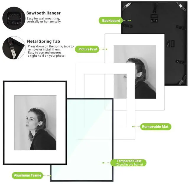 Alt view image 7 of 7 - 12x16 Aluminum Picture Frame - with Mat for 8.5x11 Photo or Without Mat for 12 x 16 Photo - Real Glass Cover - Simple and Elegant Decor for Wall Mounting - 1 Pack - Black