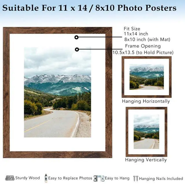 Alt view image 2 of 7 - 11x14 Picture Frame with 8x10 Mat Deep Brown, Display 8x10 with Mat or 11x14 Without Mat, Wood 11 by 14 Photo Frame, 11 x 14 Frame for Wall Hanging Display, Deep Brown