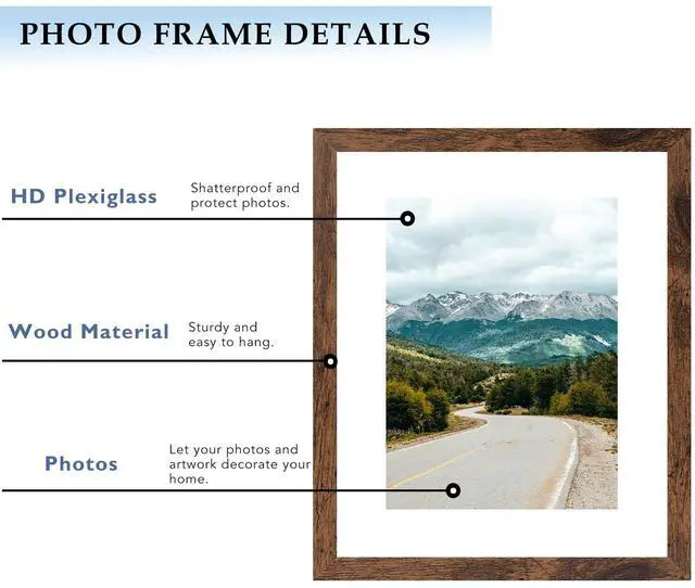 Alt view image 5 of 7 - 11x14 Picture Frame with 8x10 Mat Deep Brown, Display 8x10 with Mat or 11x14 Without Mat, Wood 11 by 14 Photo Frame, 11 x 14 Frame for Wall Hanging Display, Deep Brown