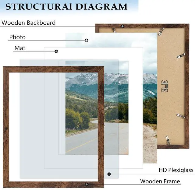 Alt view image 4 of 7 - 11x14 Picture Frame with 8x10 Mat Deep Brown, Display 8x10 with Mat or 11x14 Without Mat, Wood 11 by 14 Photo Frame, 11 x 14 Frame for Wall Hanging Display, Deep Brown