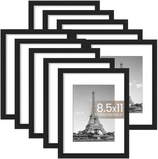 Main image of 8.5x11 Picture Frame Set of 10, Display Pictures 6x8 with Mat or 8.5x11 Without, Multi Photo Frames Collage for Wall or Tabletop Display, Black
