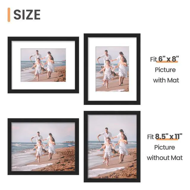 Alt view image 5 of 6 - 8.5x11 Picture Frame Set of 10, Display Pictures 6x8 with Mat or 8.5x11 Without, Multi Photo Frames Collage for Wall or Tabletop Display, Black